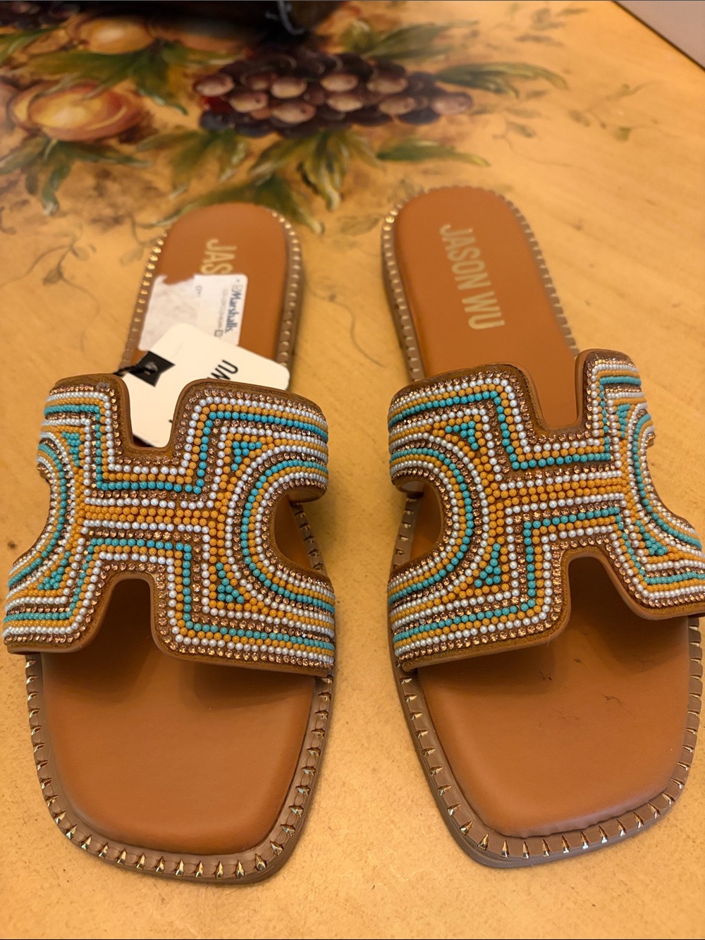 Jason Wu Tan Beaded Slide Sandals with Turquoise & White Accents